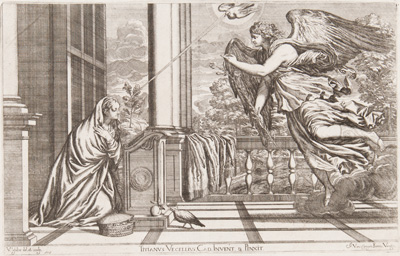 Titian etching from 1682 The Annunciation of the Madonna
(AKA The Angel Gabriel announces the birth of Jesus to Mary; the Light of the Holy Spirit on her brow) 